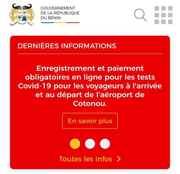 Enregistrement et paiement obligatoires en ligne pour les tests Covid-19  pour les voyageurs à l'arrivée et au départ de l’aéroport de Cotonou.